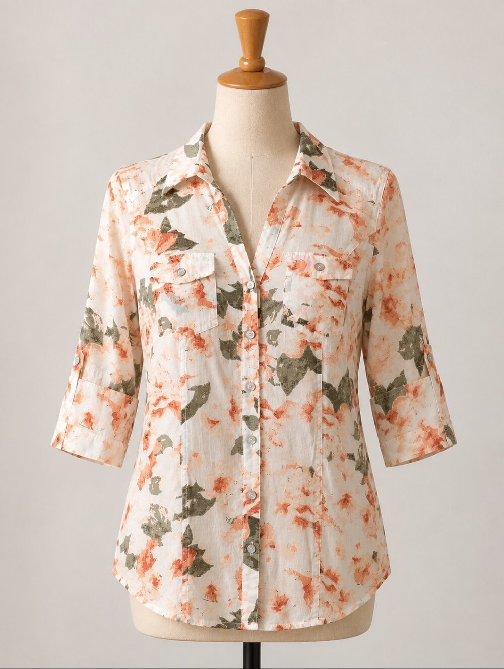 Dynamite Floral Button-Up Blouse with Roll-Tab Sleeves – Size Medium